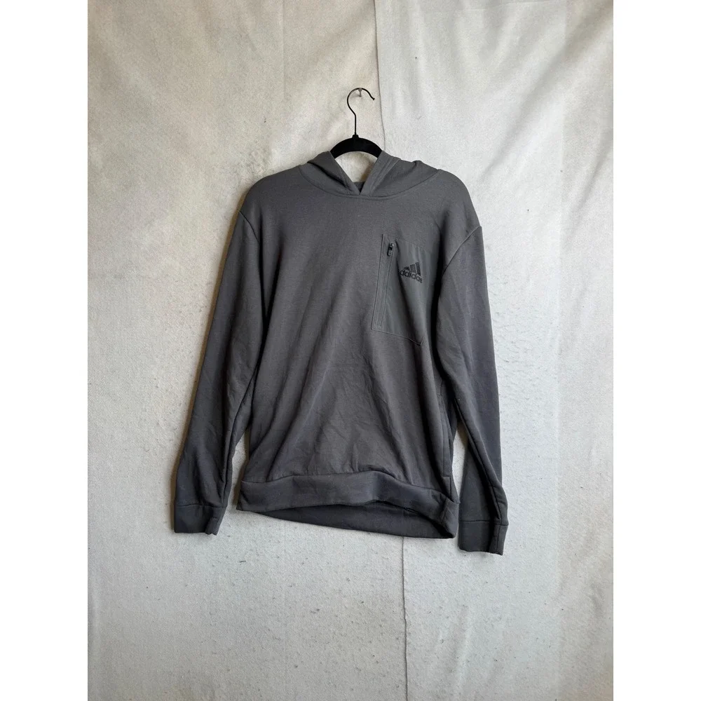 Adidas Mens Medium Grey Fleece Pullover Hoodie Zippered Chest Pocket Sweatshirt